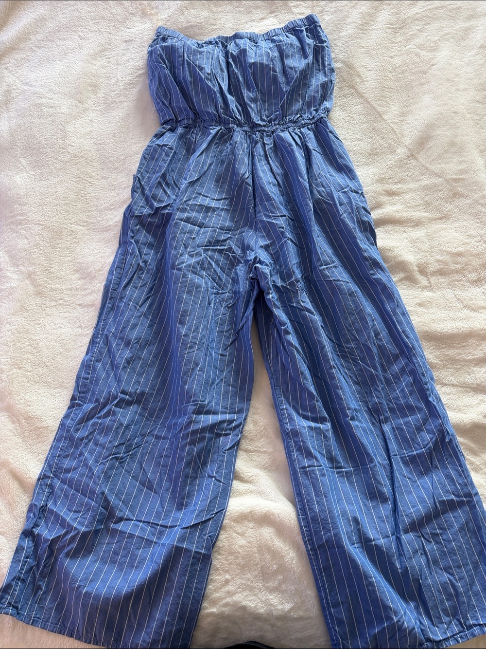 Tacera Blue Pinstripe Strapless Wide-Leg Jumpsuit - Picture 5 of 5